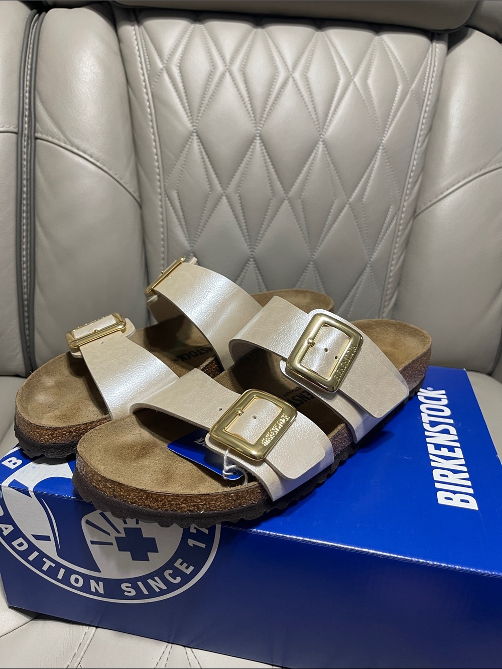 Birkenstock Graceful Pearl White Sydney Cushion Buckle Sandal with Gold Buckles - Picture 8 of 14